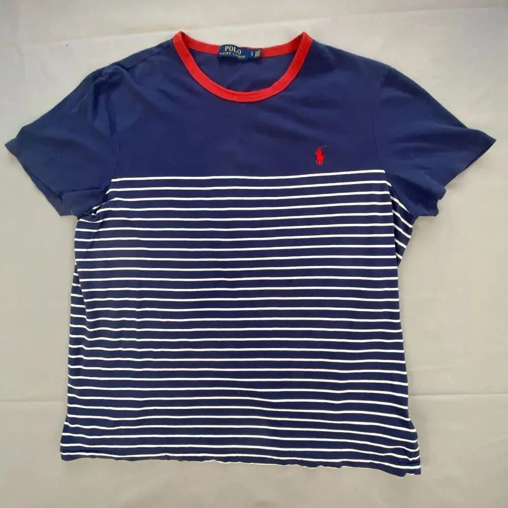 Polo Ralph Lauren Men L Striped Ringer T-Shirt Navy Red Pony Logo Short Sleeve